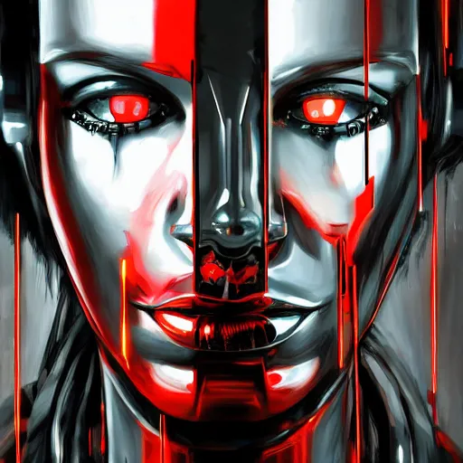 Prompt: cyberpunk human robot, scary, menacing, red and black and white, varnished painting, visible canvas, highly reflective, realistic reflections, realistic lighting, glossy, realistic