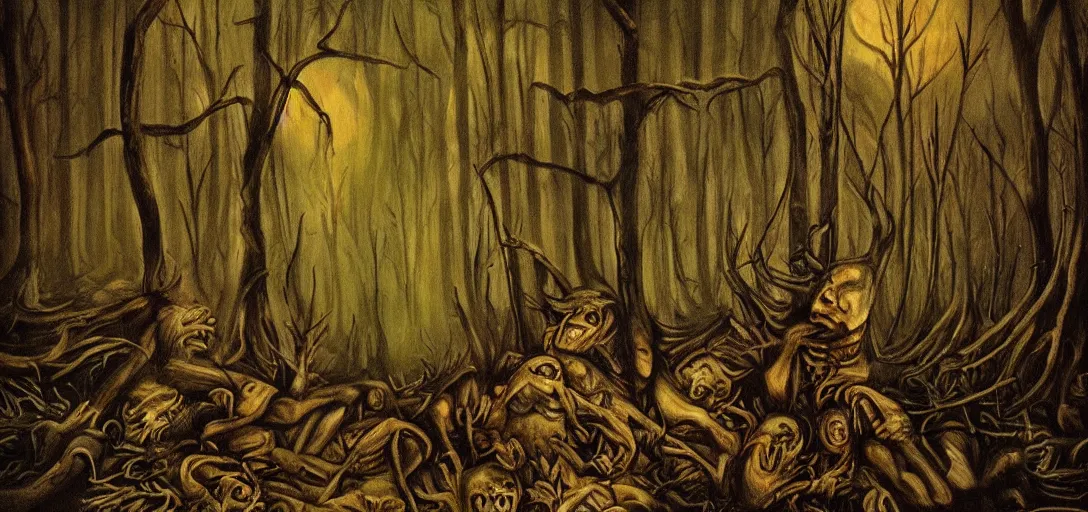 Image similar to A horror painting of a dark fantasy forest, pain, agony, sorrow