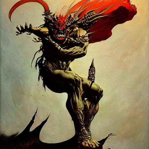 Image similar to demon by Frank Frazetta,fantasy artwork,bold,striking