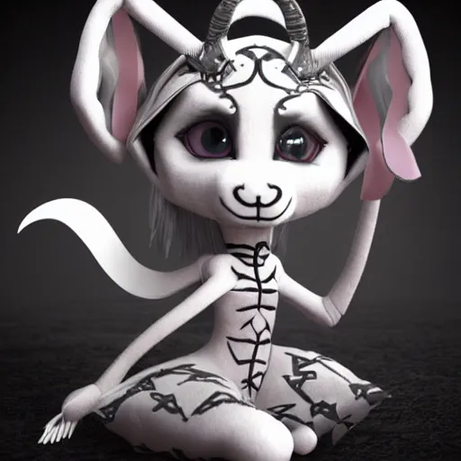 Image similar to cute fumo plush of a goat girl with horns, anime girl, tribal outfit with intricate celtic knot patterns, gothic maiden shaman, pagan goddess, black and white, stark shadows, artstation, vray