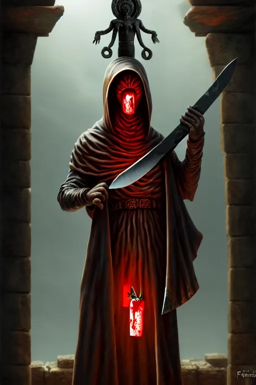 Image similar to an ancient statue of a hooded cultist is holding a bloody knife in one hand and a tomato on the other, standing in a forgotten temple to an eldritch god, by patrick mcenvoy and michael komarck and fantasy flight, incredible quality, trending on artstation