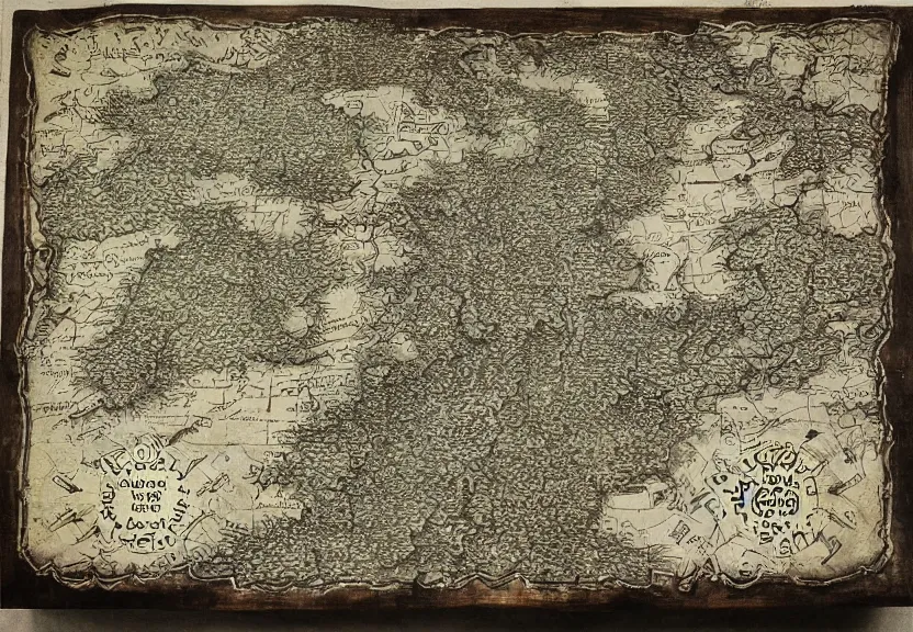 Image similar to “ king’s medieval war tactic table with a map on it, unfinished borders, 4k, 3D, view from the side”