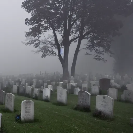 Image similar to A graveyard, with headstones and crypts, and a foggy mist rolling in, in a Halloween style.