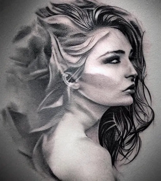 Prompt: tattoo design sketch of the most beautiful woman portrait faded with a background of beautiful mountains on her side, hyper - realistic, double exposure effect, in the style of den yakovlev, amazing detail, black and white, faded