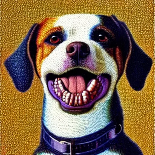 Prompt: dog smiling with human teeth, pointillism style, renaissance style, realistic canvas