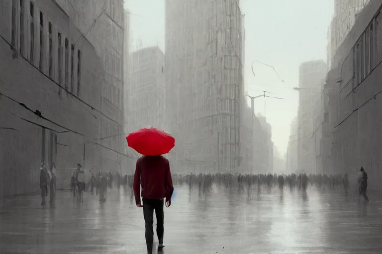 Prompt: a young man walks through the streets of a modern city, [ holding a large red umbrella ]!!, his long blond hair flowing behind him as he goes, back view!!, minimalistic, realistic art style, trending on behance, illustrated by greg rutkowski, zdzisław beksinski, gaston bussiere, max hay