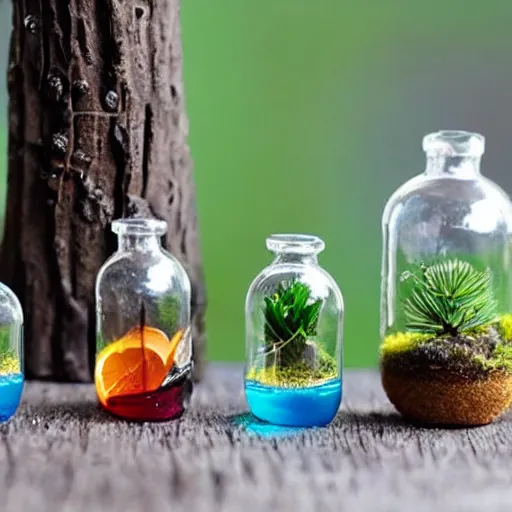 Image similar to tiny people living in a wooden cottage inside a terrarium bottle.