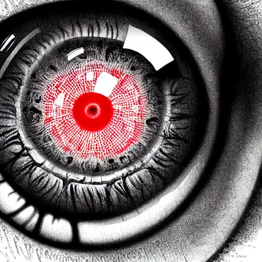 Image similar to a detailed extremely close up of inside the iris, cornea, red image, microscopic, extremely close up drawing by junji ito, cgsociety, generative art, lovecraftian, parallax, cosmic horror, extremely detailed, hyperrealism, unreal engine, octane render, award winning, masterpiece, highly detailed, realistic, 4 k, digital