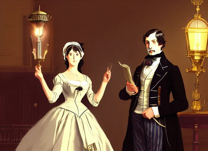 Image similar to victorian britain 1 8 3 6, wealthy couple william and fanny nightingale entertain numerous guests in english victorian manor, adolecent florence nightingale reciting poetry, lamp light, finely detailed perfect art, gapmoe yandere grimdark, trending on pixiv fanbox, painted by greg rutkowski makoto shinkai takashi takeuchi studio ghibli