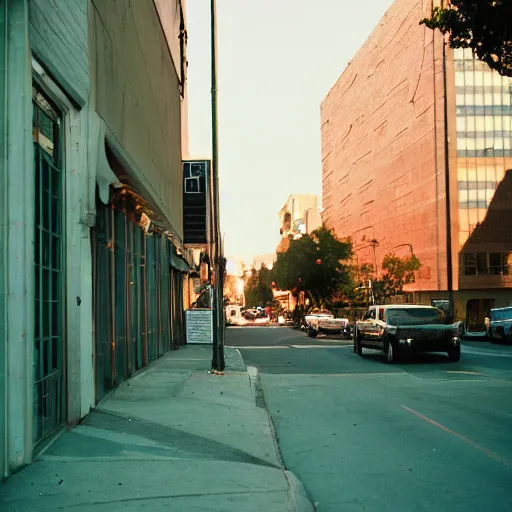 Prompt: now we creep through streets every night, through the windows, leaning out the sides. colored gel lighting, portra, film grain, 2 5 mm, anamorphic, downtown oakland. photographed by grant spanier for i - d.