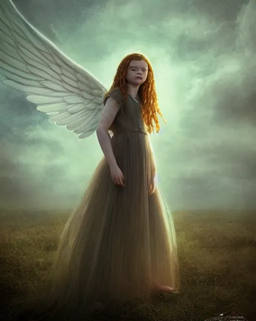 Prompt: Full body potrait of sadie sink as an angel, hyper realistic, prismatic highlights, atmosphere, gorgeous, depth of field, cinematic, macro, concept art, 50mm, artstation, wlop, elegant, epic, weta digital, focus, octane render, v-ray, 8k, kodak portra, art by Liberatore