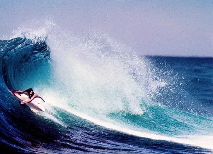 Prompt: color photo of a shark fin in water. surfergirl riding a big wave in the 8 0's