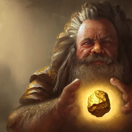 Prompt: A highly detailed portrait of a dwarf showing everyone his giant gold nugget, very coherent symmetrical artwork, sharp focus, concept art by Greg Rutkowski, moody lighting, light coming from tunnel entrance, intricate details, ray tracing, high detail 8k, cinematic, hyper realism, digital painting