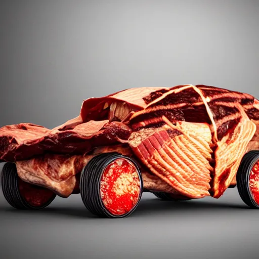 Prompt: car made of meat, 8 k, octane render, scary, dark, city in backround, meaty, very meaty, super super meaty