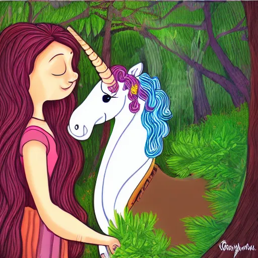 Prompt: girl hugging unicorn in forest, fantasy, illustration style of disney animation