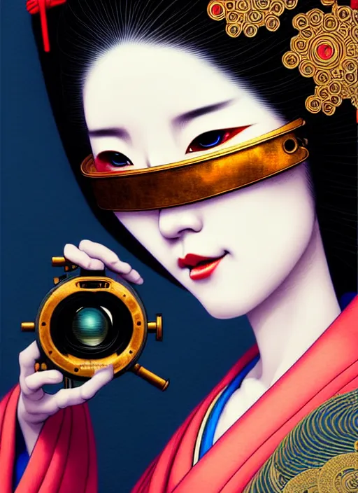 Image similar to sensual japanese geisha wearing vr eyepiece, intricate geisha kimono, robotic, android, cyborg, cyberpunk face, steampunk, fantasy, intricate, elegant, highly detailed, colorful, vivid color, digital photography, cool warm lighting, artstation, concept art, art by artgerm and greg rutkowski,