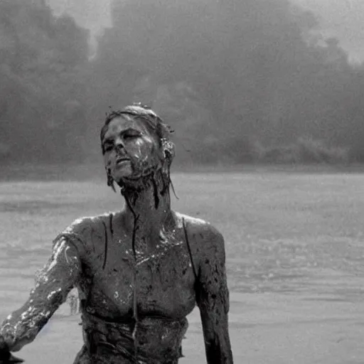 Image similar to film still, close up, charlize theron rising out of muddy vietnam river with a shotgun, face covered in mud, low camera angle at water level, night time, film still from apocalypse now ( 1 9 7 9 ), 2 6 mm.