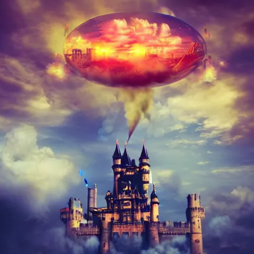 Image similar to big flying steam many castles fight in an epic battle in the clouds, steampunk, steam generators, steam parts, magical fog in the clouds, colorful city background, apocalypse, shooting magic shiny bubble
