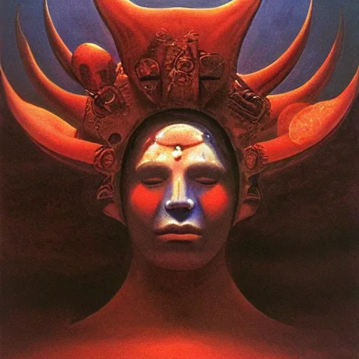Image similar to Artemixel, the modern reincarnation of the old selenium god of hunt and moon, also known as Artemis or Selene, carrying the crown of the crescent moon. They are crowned by a bright and slightly bluish crescent like the brightness of the night. Portrait by Zdzislaw Beksinski and Jeffrey Smith, oil on canvas.