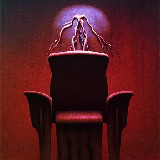 Prompt: horrifying eldritch gaming chair, painting by zdzisław beksinski, product photograph, 4 k, dark atmosphere, horror, veins, oozing