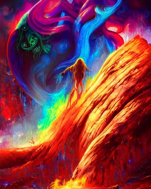 Image similar to rainbow fire, by antonio j. manzanedo, alex grey, android jones, wayne barlowe, philippe druillet, raymond swanland, cyril rolando, josephine wall, harumi hironaka, cronenburg, trending on artstation