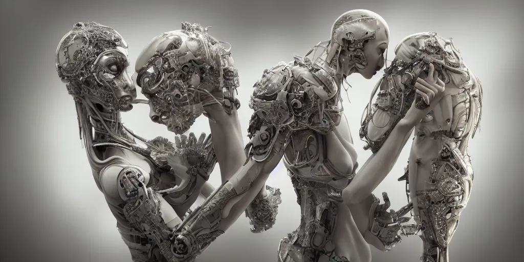Image similar to hyperrealistic photography of a stunningly cyborg female, intimate, holding hands, kissing, in the style of beth cavener, jin kagetsu,, and wlop, highly detailed, intricate filigree, chrome face symmetry, masterpiece, award - winning, sharp focus, concept art, high key, ambient lighting, 8 k, octane render, artstation