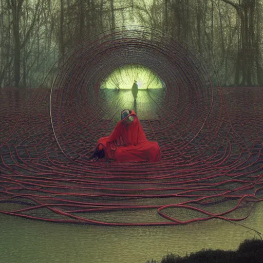 Prompt: portrait, standing in a green lake, woman wrapped around by tubes and cables, nun, glowing red, by edgar maxence and ross tran, zdzisław beksinski, and michael whelan, distant, gustav dore, h. r. giger, 8 k, octane render