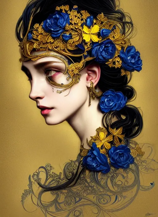 Image similar to beautiful black blue yellow, complicated gold and blue flowers in baroque style headwears, dark fantasy, intricate, elegant, highly detailed, digital painting, artstation, concept art, matte, 3 d 8 k octane rendered, sharp focus, illustration, octane rendered, art by artgerm and alphonse mucha, leesha hannigan