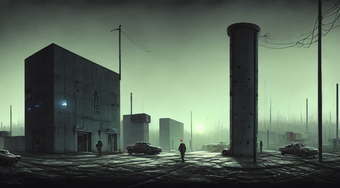 Image similar to post - apocalyptic police station, concrete building, paved roads, by simon stalenhag, by h. r giger, highly detailed photography, trending on artstation, hyperrealistic, human silhouettes, cyberpunk, environment artist, dystopian, science fiction, synthwave neon retro