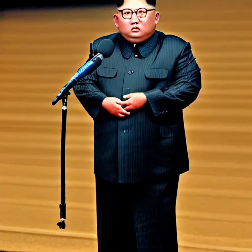 Prompt: paparazzi photo of Kim Jong-un with a microphone in his left hand rapping alone in a empty theater, wide angle, uhd, 8k, award winning