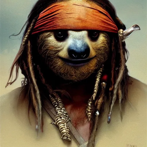 Image similar to Portrait of a Sloth dressed as Jack Sparrow, highly detailed oil painting, photorealistic, highly detailed, digital painting, artstation, concept art, smooth, sharp focus, illustration, art by artgerm and greg rutkowski and alphonse mucha