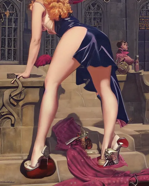 Image similar to pinup photo of hermione granger by emma watson in the crowded square of hogwarts, gil elvgren, enoch bolles, edward robert hughes, henry justice ford, glossy skin, pearlescent, very coherent, very detailed