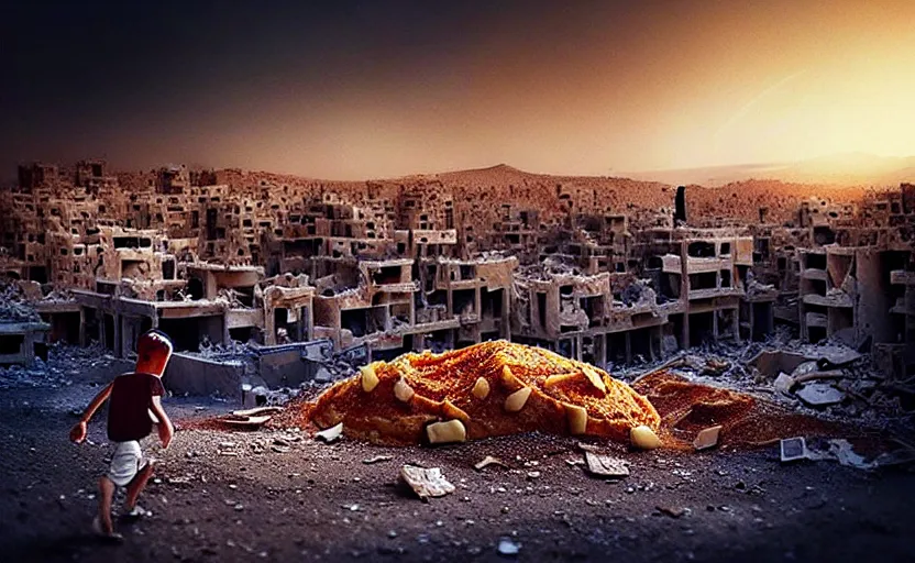 Image similar to “little boy lost, epic view of Hummus in Syria in destruction, sad atmosphere, ruins, hyperdetailed, hyperrealism, trending on artstation, award winning photograph, photorealistic, 8k, concept art, cinematographic, uhd, epic lighting”