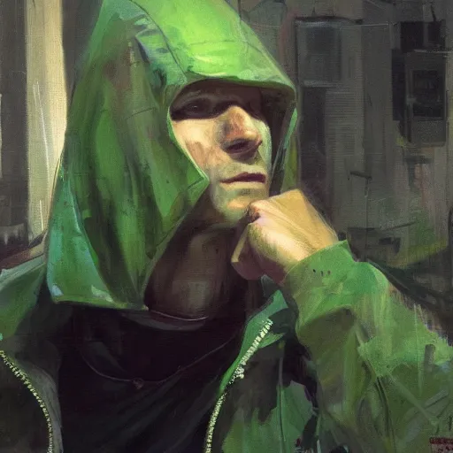 Image similar to portrait of a lost chad programmer with green hood by jeremy mann, dramatic lighting, close up