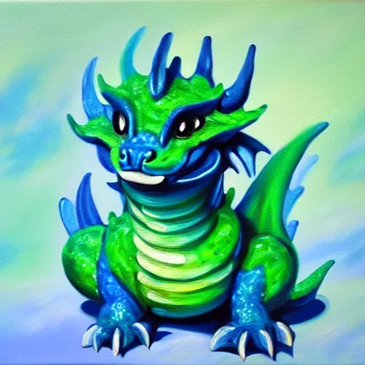 Image similar to a cute blue and green dragon, chubby, oil on canvas, furry