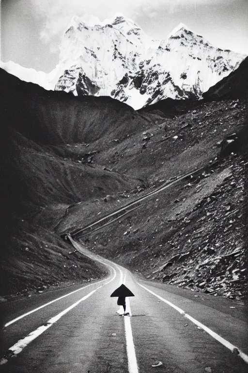 Image similar to photo polaroid of a sad and lonely child in the middle of a mountain road , Nepal,Himalayas, loneliness,,tahr , black and white ,photorealistic, 35mm film,