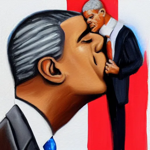 Image similar to oil painting of trump kissing obama, detailed, close up