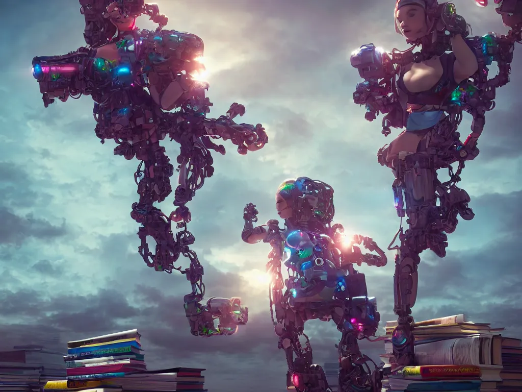 Prompt: A beautiful cyborg baby sitter, collecting books with multiple arms, hyperealistic colourful hdr , beautiful volumetric lighting, epic light, artstation, magic hour lighting, cgi render photorealistic cinematic octane render