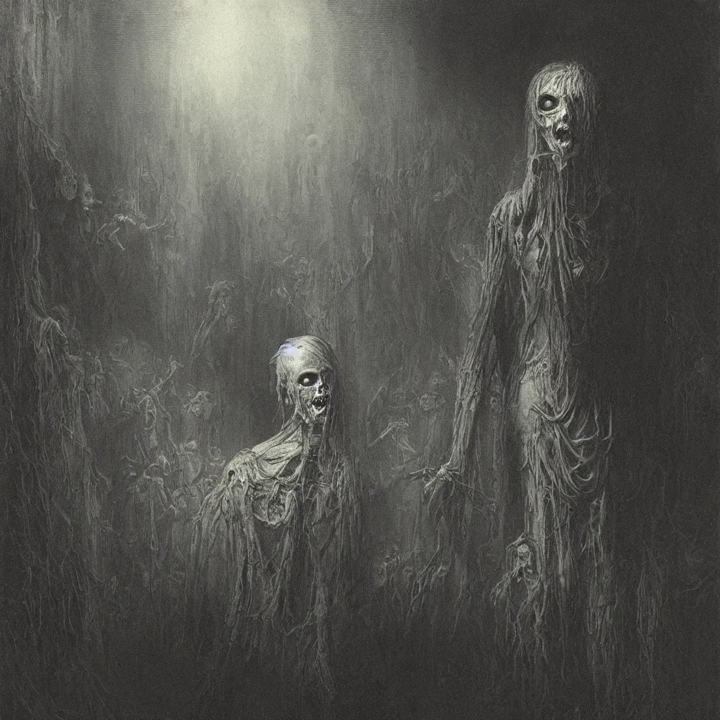 Image similar to mid - level portrait of a zombie, creepy atmosphere, dark, portrait, realistic, very realistic, illustration by gustave dore