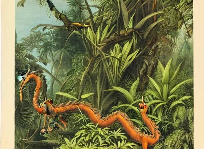 Prompt: dragons in a tropical forest, john james audubon, vintage botanical, intaglio