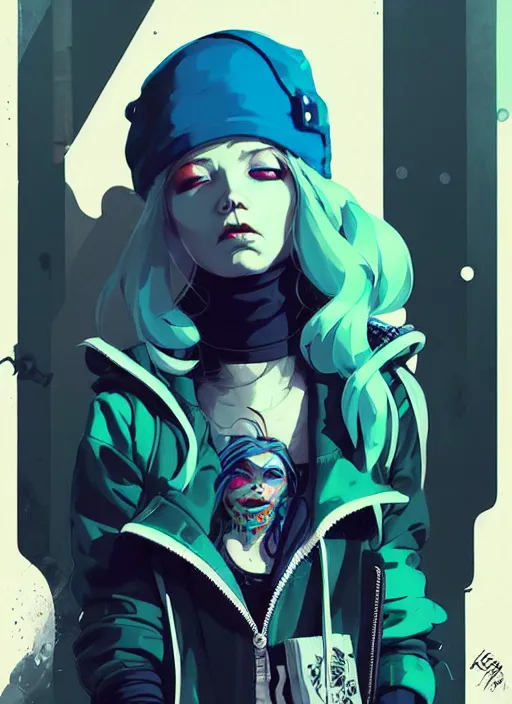 Image similar to highly detailed portrait of a sewer punk lady, tartan hoody, blue ringlet hair by atey ghailan, by greg rutkowski, by greg tocchini, by james gilleard, by joe fenton, by kaethe butcher, gradient blue, black, blonde cream and white color scheme, grunge aesthetic!!! ( ( graffiti tag wall background ) )