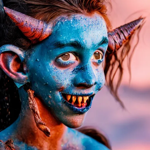 Image similar to a little blue-skinned girl with messy black hair sharp pointed ears freckles along the ridges of her cheeks and sharp pointy teeth, dnd triton, high resolution film still, 4k, HDR colors