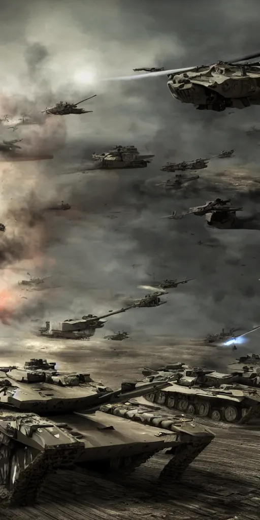 Prompt: concept art, world war iii, war scenes, ultra wide angle, unmanned aerial vehicles, unmanned armored vehicles, unmanned tanks, soldiers'remote command operations, launch kinetic energy weapons, launch tracking missiles, armor piercing missiles, drag light bombs, backlight, future technology, smooth lines, high detail, 8 k, octane rendering, unreal engine.