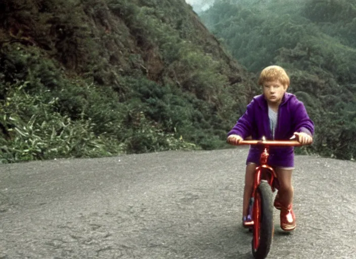 Prompt: film still of thanos as brand riding a small childrens bike down a steep mountain road in the goonies 1 9 8 5