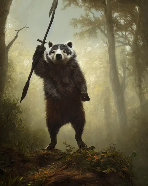 Image similar to oil painting of Anthropomorphized Badger, holding spear, wearing hunter coat, proud look, full body, sharp focus, fantasy style, octane render, volumetric lighting, 8k high definition, by greg rutkowski, highly detailed, trending on art Station, magic the gathering artwork, woodland backround