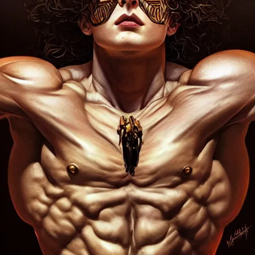 Image similar to ultra realistic upper body portrait of a herculean hulking timothee chalamet as erebus, the god of darkness and shadow, solar eclipse, digital art by artgerm and karol bak