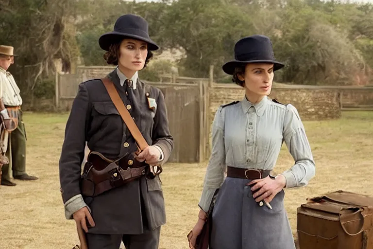 Image similar to wide-shot of kiera knightley as a constable in a movie directed by Wes Anderson, symmetrical shot, idiosyncratic, relentlessly detailed, pastel colour palette, detailed perfect face, movie still frame, promotional image, imax 70mm footage