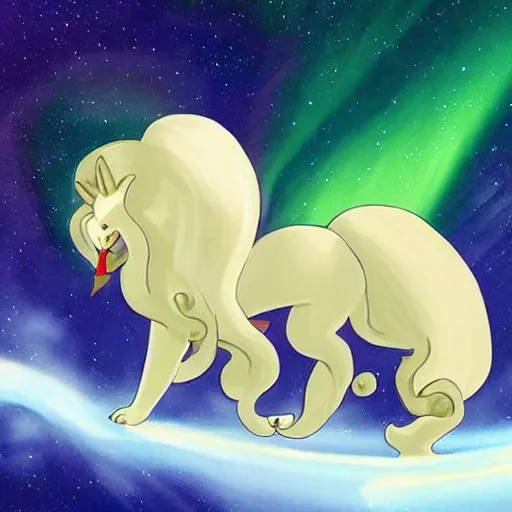 Image similar to Alolan Ninetales shiny, standing on an snowy hill with an aurora borealis in the night sky