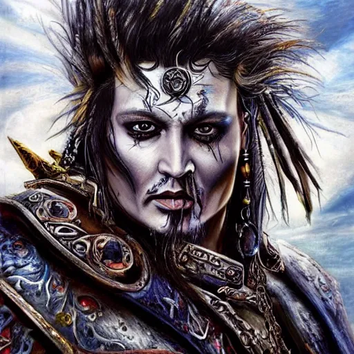 Prompt: johnny depp as chaos marine. epic game portrait. Highly detailed, highly recommended. fantasy art by Botticelli