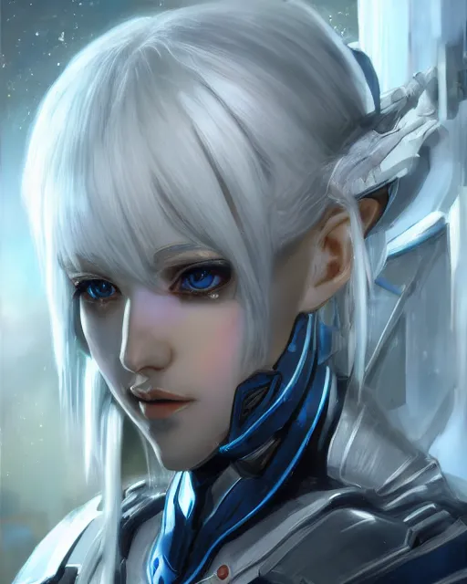 Prompt: perfect white haired girl, warframe armor, beautiful, dreamy, pretty face, blue eyes, portrait, detailed, scifi, utopian architecture in the background, laboratory, 4 k, ultra realistic, aura of light, cinematic, high detail, masterpiece, art by akihito tsukushi, akasuki brightmind